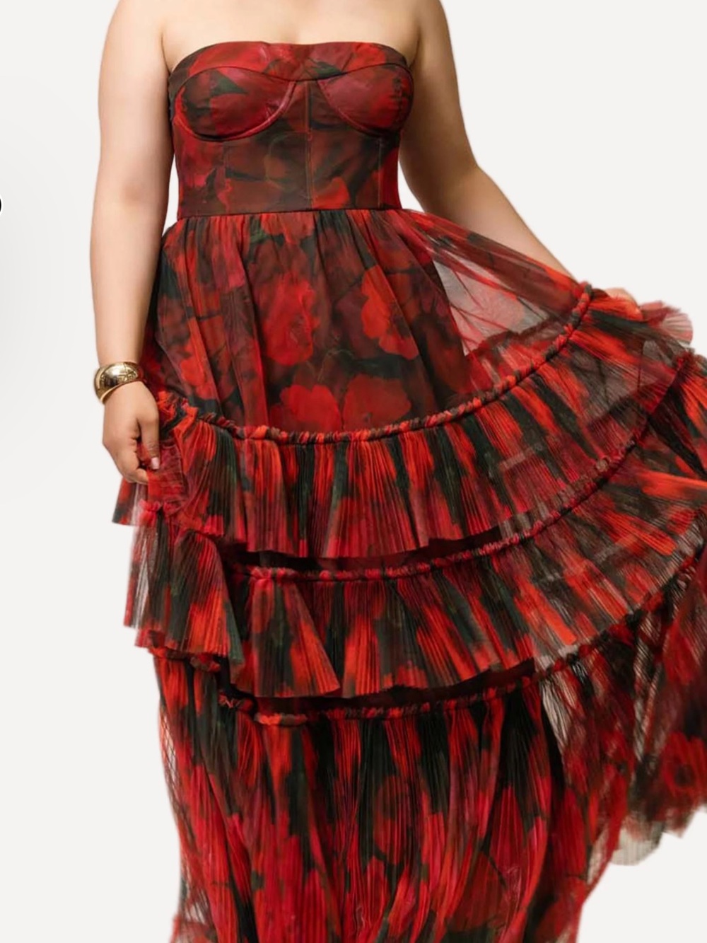 Hutch Isabella Strapless Floral Tulle Tiered Gown Red Black Size 14W NWT